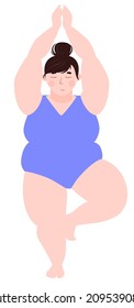 plump chubby girl doing yoga stands in a tree pose. Vector illustration