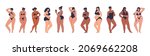 Plump chubby girls in black lingerie. Beautiful diverse young women stand in a row. Vector stock illustration of plus size women isolated on white background.