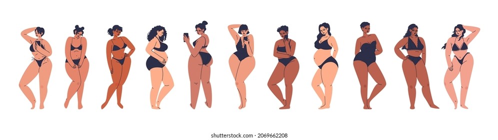 Plump Chubby Girls In Black Lingerie. Beautiful Diverse Young Women Stand In A Row. Vector Stock Illustration Of Plus Size Women Isolated On White Background.
