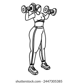 A plump contour girl does sports with dumbbells. The girl is engaged in sports. Dynamic exercises. She does fitness in a tight tracksuit. Doing sports on simulators. Women's training