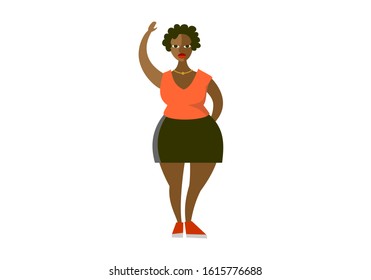 Plump curvy african american woman. Flat style vector illustration. Plus size cartoon character wearing blouse and skirt. Body positive concept. Female raised her hand isolated on white background.