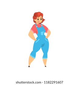 Plump, curvy, overweight girl in denim overalls, plus size model in fashionable clothes, body positive vector Illustration on a white background