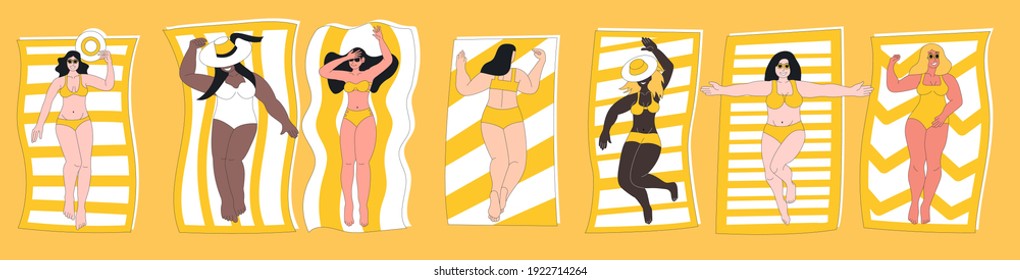 Plump, curvy woman in swimming suit sunbathing on beach. Plus size female body positive cartoon character laying on towel enjoy relaxation summer leisure paradise vacation vector illustration