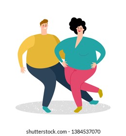 Plump dancing couple vector illustration. Fat man and fat woman dance