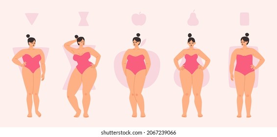 Plump female body types are apple, triangle, hourglass and rectangle. Diverse women in swimsuits stand in a row. Vector illustration of chubby girls in pink isolated.