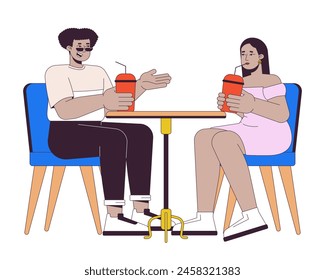 Plump friends resting in cafe 2D linear cartoon characters. Plus sized couple outing isolated line vector people white background. Diversity and body positive color flat spot illustration