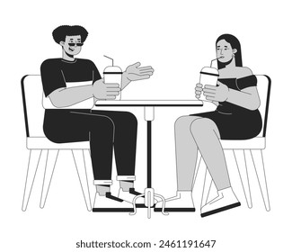 Plump friends resting in cafe black and white 2D line cartoon characters. Plus sized couple outing isolated vector outline people. Diversity and body positive monochromatic flat spot illustration