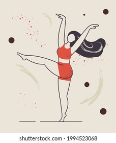 A plump girl dances in shorts and a top, raised her leg and arms up. Beautiful body pose.