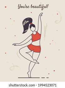 A plump girl dancing in shorts and a top, raised her hand up. Beautiful pose.