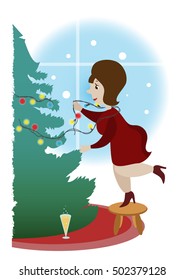 plump girl decorates the Christmas tree at home