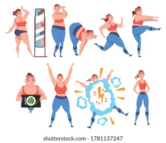 Plump Girl Doing Sport Exercises Set, Weight Loss Process, Young Overweight Woman Getting Fit Cartoon Vector Illustration