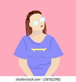 Plump girl with dreadlocks in glasses and oversize t-shirt with skateboard print. Vector illustration in a flat style. Beauty diversity concept.