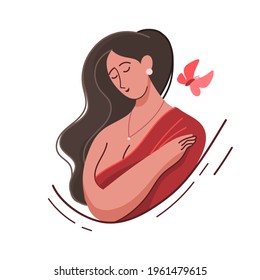 Klumpf Mädchen in Rot. Das Mädchen und der Mond. Vektorporträt einer chubby Frau. Dame mit Brüsten. Vektorgrafik