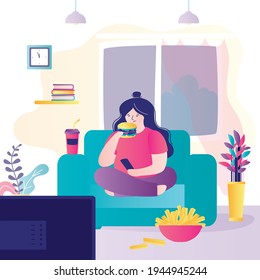 Plump girl resting and watching television. Overweight female character eating in front of tv. Obesity problem, unhealthy lifestyle. Lazy woman eating junk food in living room.Flat vector illustration