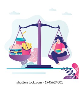 Plump girl sits on scales, eats chips. Various junk food on scales. Woman getting fat from fast foods. Concept of unhealthy lifestyle and obesity problem. Burger, soda, fried fries.Vector illustration