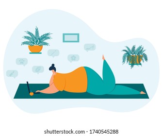 A plump girl with a small head lies coquettishly raising her leg.Working on a laptop or doing online shopping.Home decor with wall-mounted indoor flowers. Color trend illustration in flat style.Vector