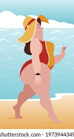 A plump girl walks along the seashore in a hat. Body positive concept. Summer evening relaxation. Vector illustration.