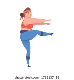 Plump Girl Wearing Sports Outfit Doing Sports, Weight Loss Process, Young Overweight Woman Getting Fit Cartoon Vector Illustration