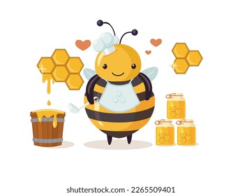 Plump glutton drone adoring honey. Cartoon bee cute character in flat style. Vector illustration.