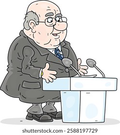 Plump government official, politician or businessman giving his very important speech at a meeting or press conference, vector cartoon illustration on a white background