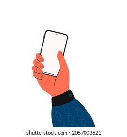 Mano de cañón sosteniendo un smartphone. Ilustración vectorial en estilo plano para web, banner, diseño de afiches.