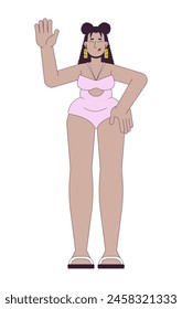 Plump hispanic woman in swimwear 2D linear cartoon character. Plus sized female proud of curvy body isolated line vector person white background. Overweight color flat spot illustration