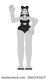 Plump hispanic woman in swimwear black and white 2D line cartoon character. Plus sized female proud of curvy body isolated vector outline person. Overweight monochromatic flat spot illustration