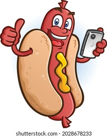 A Plump, Juicy Hot Dog With Mustard And A Big Smile Browsing Their Newsfeed On A Social Media App On Their Smart Phone