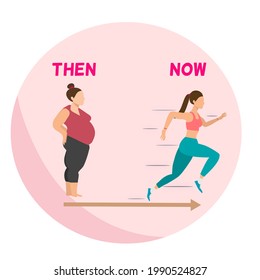 A plump lady standing, slim lady run, health transform, better shape, good exercise, then and now concept, new health revolution love yourself symbols