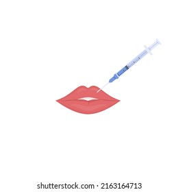 Plump lip and syringe isolated on white. Hyaluronic acid lips injection. Plastic surgery or skin rejuvenation concept. Cartoon flat style. Vector colorful illustration.