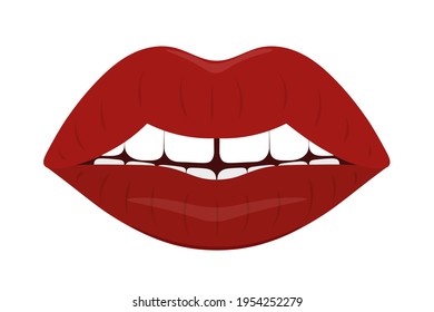Plump lips. The seductive mouth is slightly open. Colored vector illustration. Flat style. An even row of teeth with a gap in the middle. Luscious lipstick shade. Isolated white background. Valentines