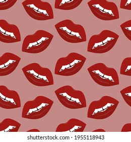 Plump lips. The seductive mouth is slightly open. Repeating vector pattern. Seamless seductive ornament. Endless background of kisses. Isolated pink background. Flat style. An even row of teeth.
