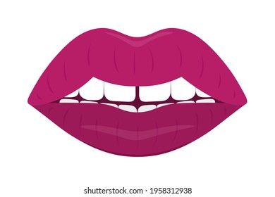 Klumpen Sie die Lippen. Der verführerische Mund ist leicht offen. Farbige Vektorgrafik. Flacher Stil. Eine gerade Zähnenreihe mit einer Lücke in der Mitte. Lusziger Lippenstiftschatten. Einziger weißer Hintergrund. 