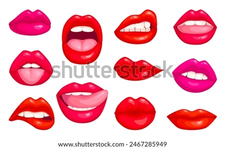 Plump lips. Shine glossy sexy pout lip in red lipstick, smile closed open woman mouth licking tongue, female kiss glamour girl cosmetic makeup cartoon ingenious vector illustration of beauty lip plump