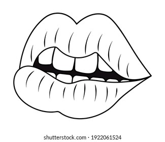 Plump lips. Side view. Sketch. The seductive mouth is slightly open. Vector illustration. Coloring book. Valentines Day. Doodle style. An even row of teeth. Outline on an isolated white background. 
