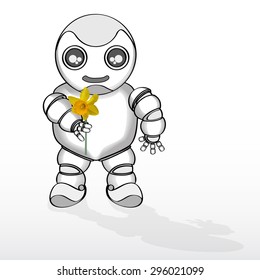 Plump little white robot offering a realistic yellow flower and smiling. Vector illustration.