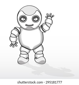Plump little white robot waving and smiling. Vector illustration.