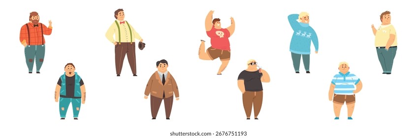 Plump Man Character with Chubby Stout Body Vector Set