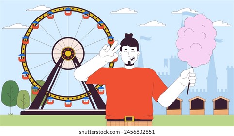 Plump man with cotton candy cartoon flat illustration. Body positive. Happy obese caucasian male at fair 2D line character colorful background. Amusement park scene vector storytelling image