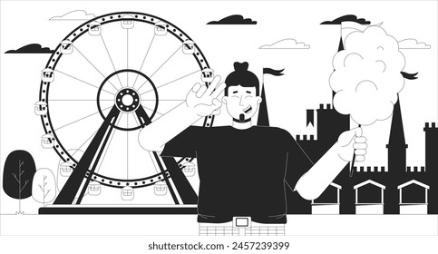 Plump man with cotton candy cartoon flat illustration. Body positive life. Happy obese caucasian male at fair 2D character monochrome background. Amusement park outline scene vector image