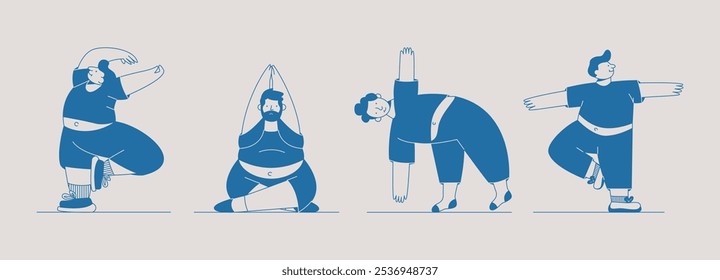 Plump man doing yoga. Cartoon overweight male character practicing yoga and meditation, body positive concept. Vector plus size person isolated set