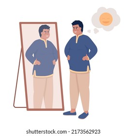 Plump Man In Indian Clothes Near Mirror Semi Flat Color Vector Character. Editable Figure. Full Body Person On White. Self Love Simple Cartoon Style Illustration For Web Graphic Design And Animation