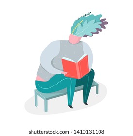 Plump Man Reading Book Beautiful Mind. Growing thoughts study and education concept. Vector flat design.