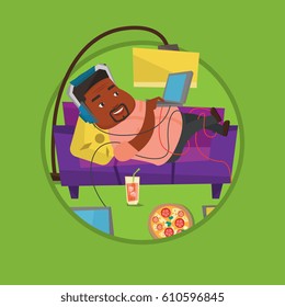 Plump man relaxing on sofa with many gadgets. Man lying on sofa surrounded by gadgets and fast food. Fat man using gadgets at home. Vector flat design illustration in the circle isolated on background