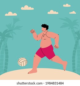 Plump Man In Swimming Trunks Plays A Ball. Beach Football. Funny Flat Vector Illustration. Fat Man On The Beach With Palms And Clouds. Sport Of Big People.