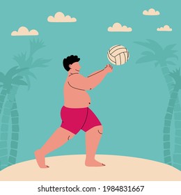 Plump Man In Swimming Trunks Plays Ball. Beach Volleyball. Funny Flat Vector Illustration. Fat Man At Beach With Palm Trees And Clouds. Sport Of Big People.