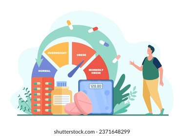 Plump man taking pills for weight loss vector illustration. New generation of drugs helping to treat obesity. Global health problem of obesity concept.