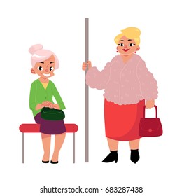 Plump middle age woman standing and old lady sitting in subway, cartoon vector illustration isolated on white background. Two subway passengers - funny plump, housewife and elegant old lady