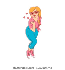 Plump Obese Girl Blow Air Kiss In Fancy Heart Shape Sunglasses. Sketch Style Cute Female Character In Jeans, Pink Skirt. Vector Adult Blonde Overweight Woman Having Fun