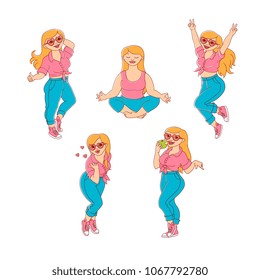 plump obese girl having fun set. Sketch style cute female characters in jeans, pink skirt doing yoga, dancing blow air kiss, eat apple. Vector adult blonde overweight women collection